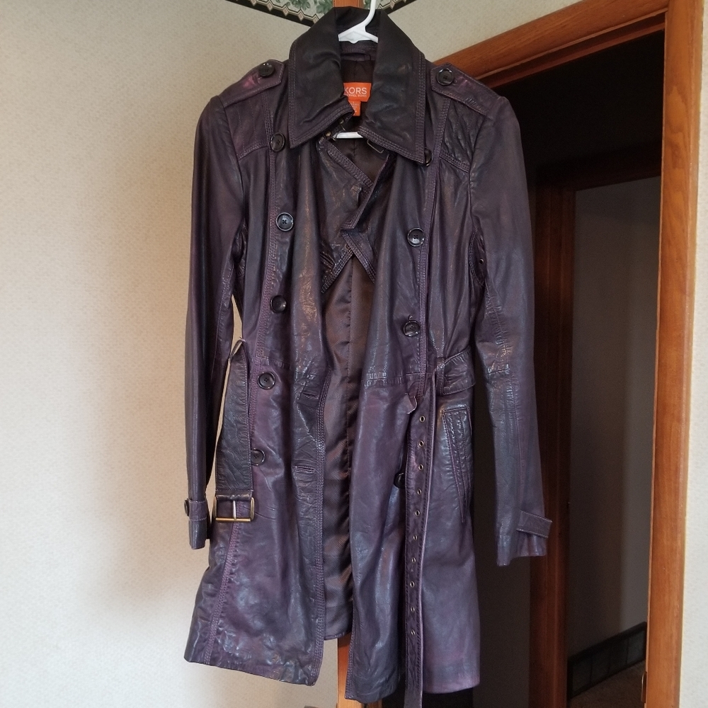 Michael Kors Plum Purple Leather Trench Coat Small
